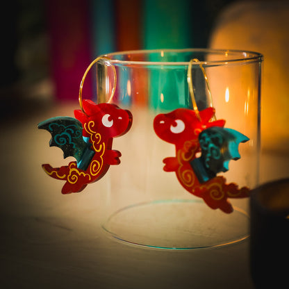 3D Red & Teal Flying Nova Dragon Earrings - Handmade Fantasy Jewellery