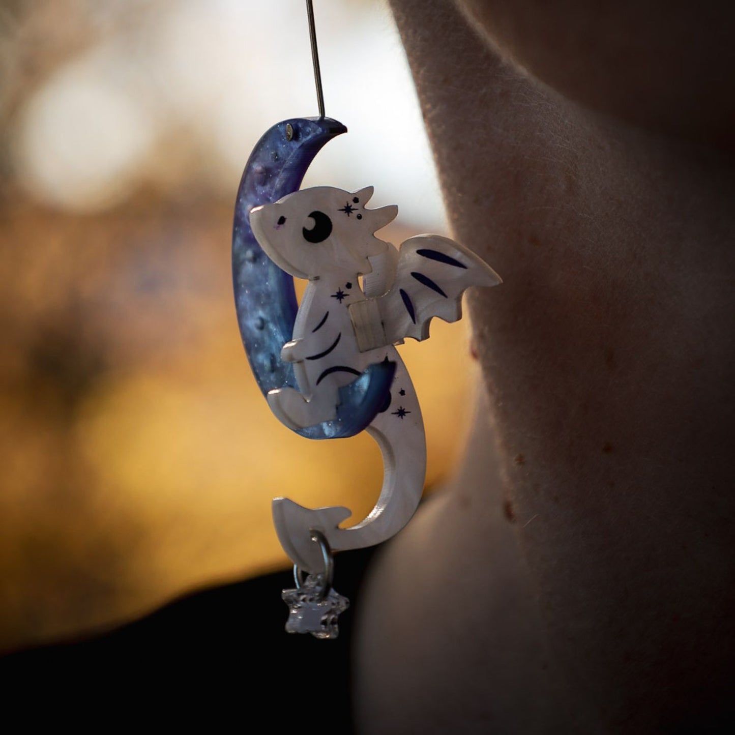 3D Luna Dragon on the Moon Earrings - Handmade Fantasy Jewellery