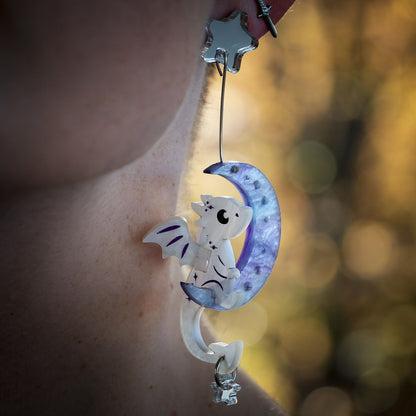 3D Luna Dragon on the Moon Earrings - Handmade Fantasy Jewellery