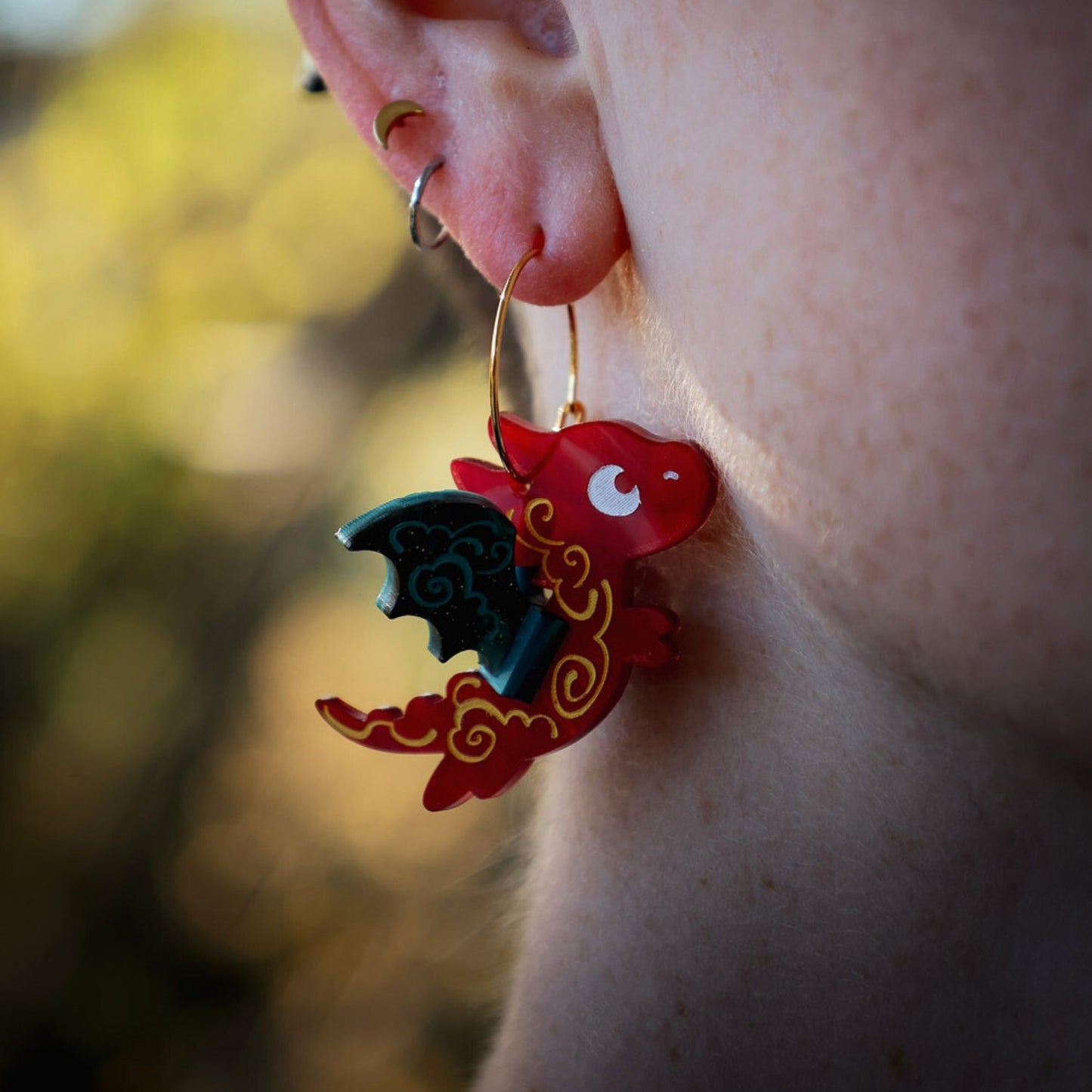 3D Red & Teal Flying Nova Dragon Earrings - Handmade Fantasy Jewellery