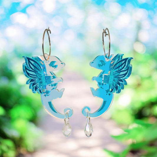 NEW 3D ‘Faye’ Iridescent Fairy Dragon Earrings - Blue - Handmade Fantasy Jewellery