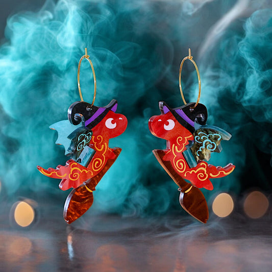 3D 'Nova' Witch Dragon - Acrylic Hoop Earrings - Handmade Fantasy Jewellery